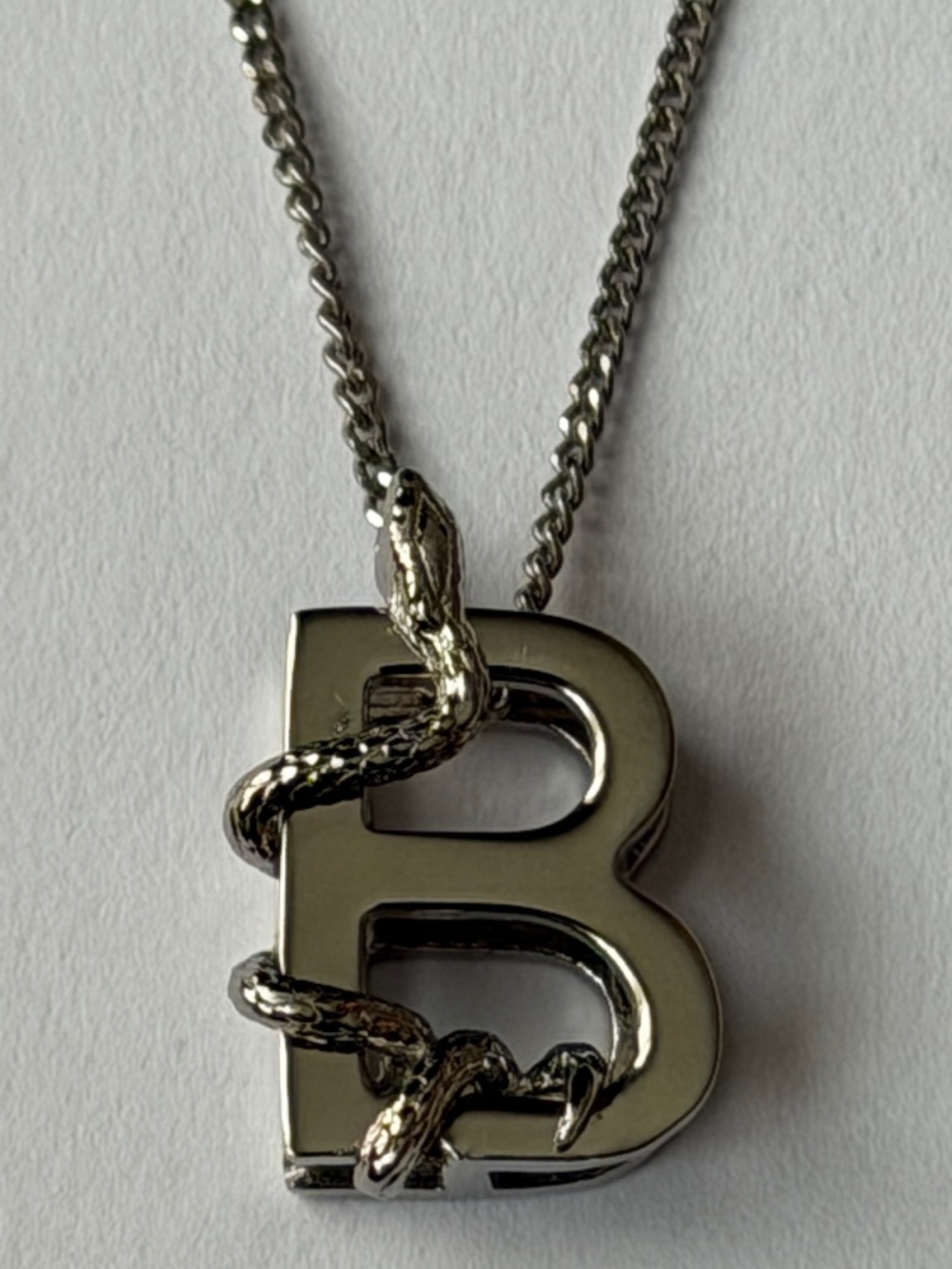 Saint Laurent YSL Sterling Silver B Initial Letter Snake Pendant Chain Necklace